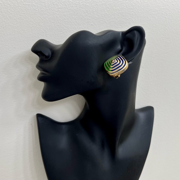 Vintage Funky 70s 80s Art Deco Two-tone Enamel Gold Spiral Clip Earrings - Picture 6 of 11